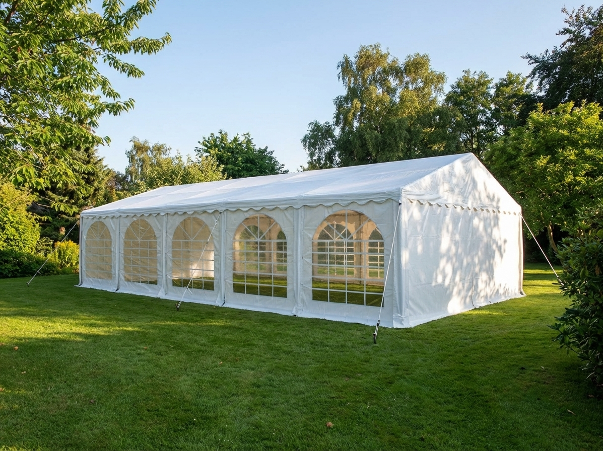 White event marquee 7x14m with PVC and steel for outdoor use