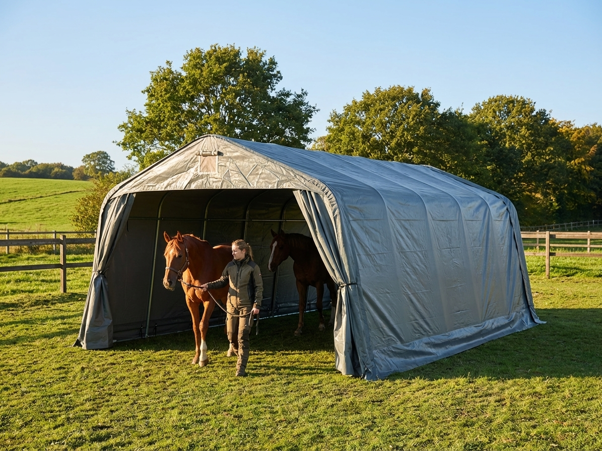 Grey PVC livestock shelter with galvanised steel frame - view 3