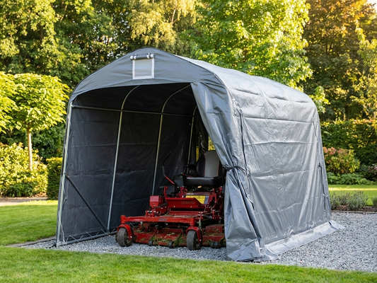 Grey storage tent made of PVC with steel frame for outdoor use