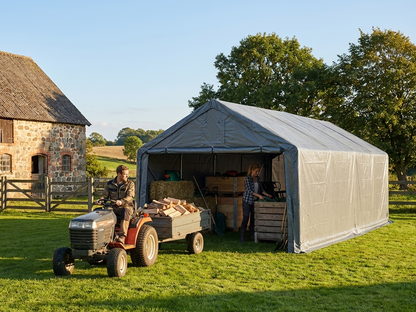 Grey storage shelter 4x8 m with PE tarpaulin and steel frame - view 3