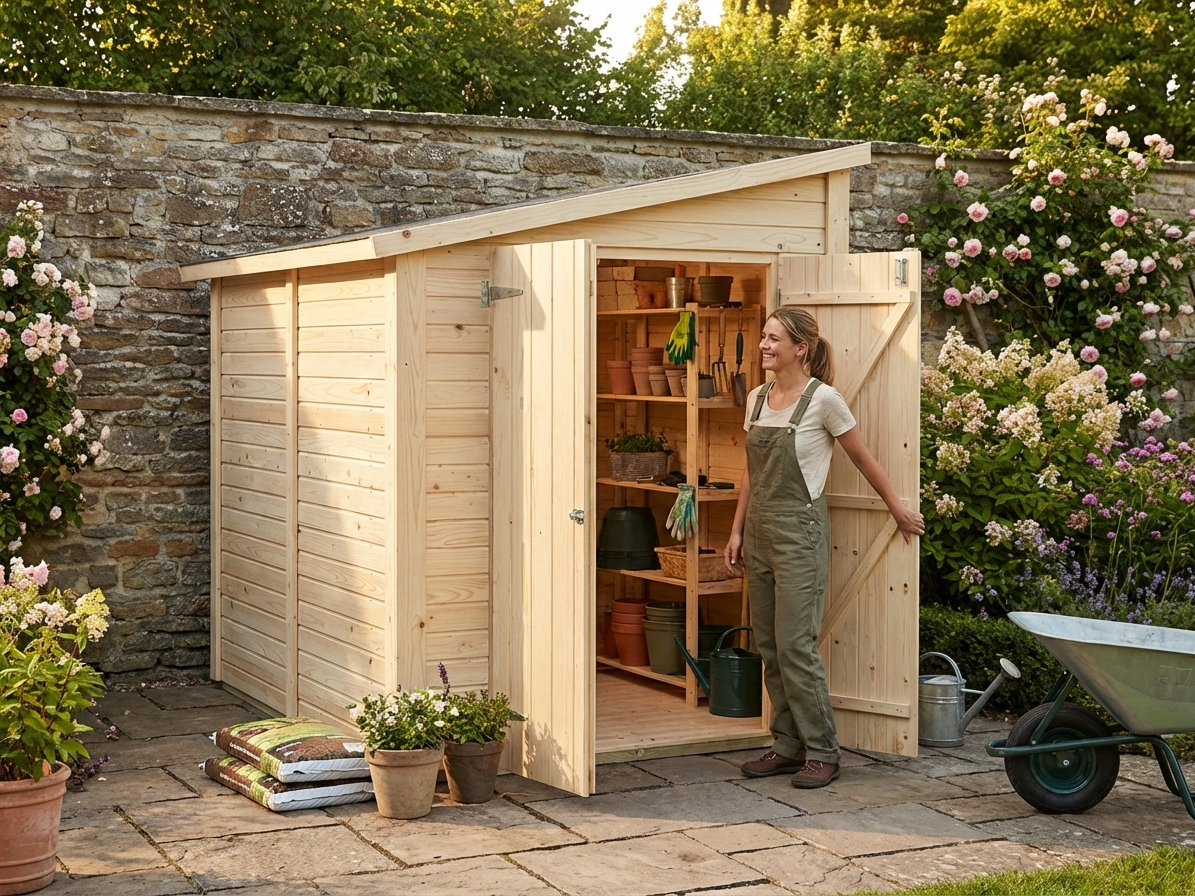 Natural wooden lean-to shed made from Nordic Spruce