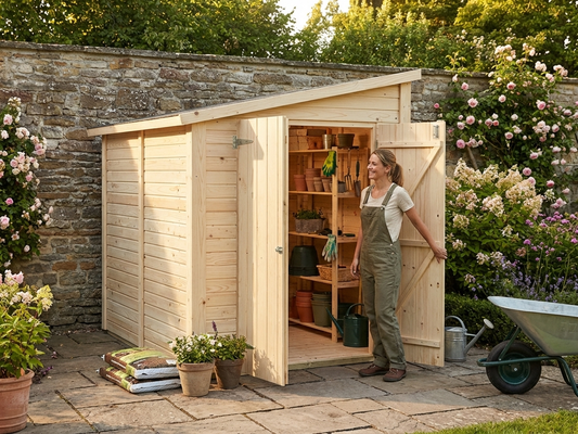Natural wooden lean-to shed made from Nordic Spruce