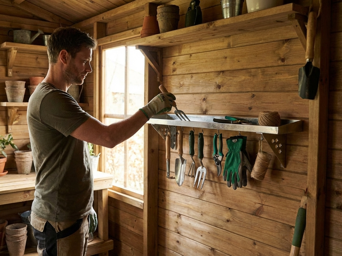 Steel tool rack for garden shed in silver, durable steel - product detail
