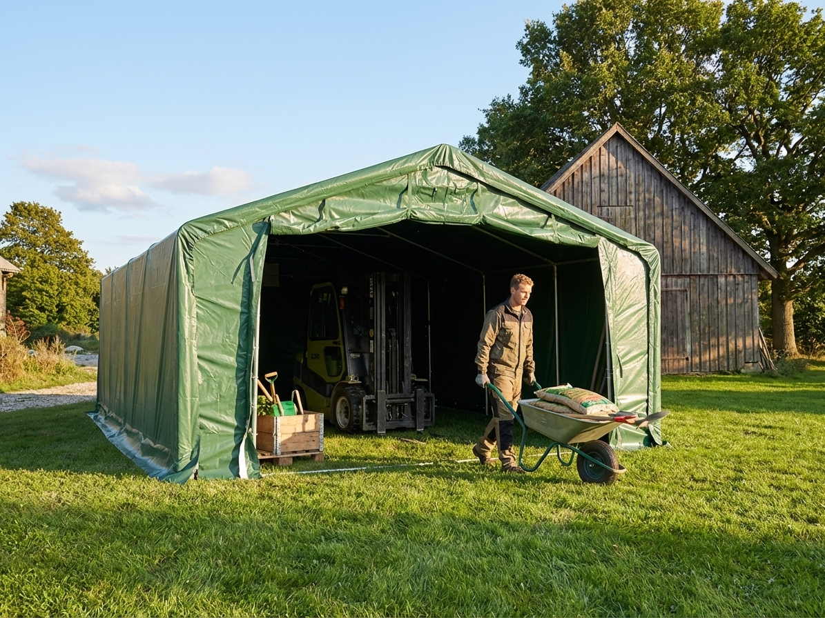Green PVC storage shelter 5x8x2x3.39 m for outdoor use