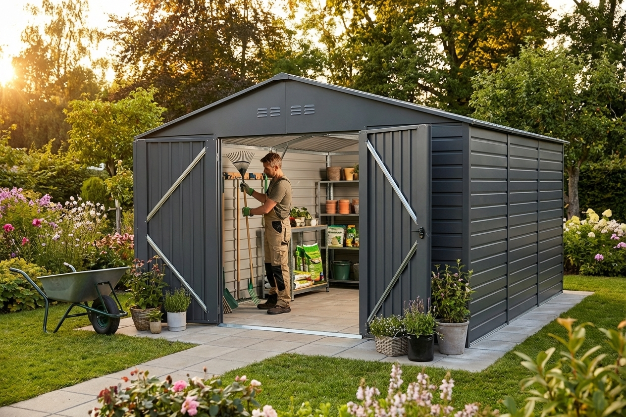 Anthracite steel garden shed for outdoor storage