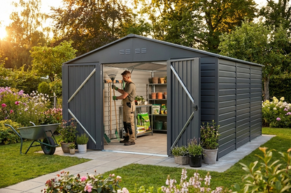 Anthracite steel garden shed for outdoor storage