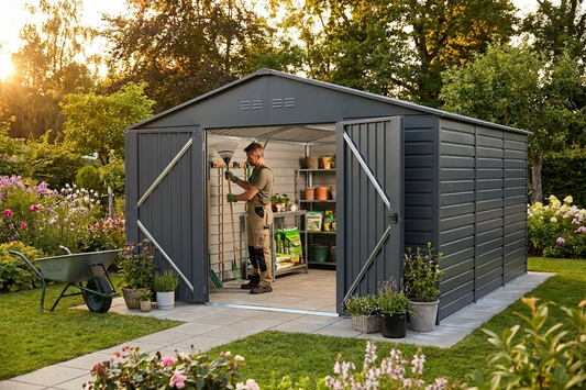Anthracite steel garden shed for outdoor storage