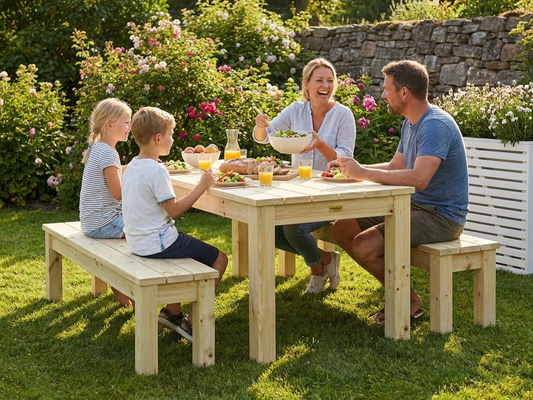 Wooden garden table and bench set in natural finish