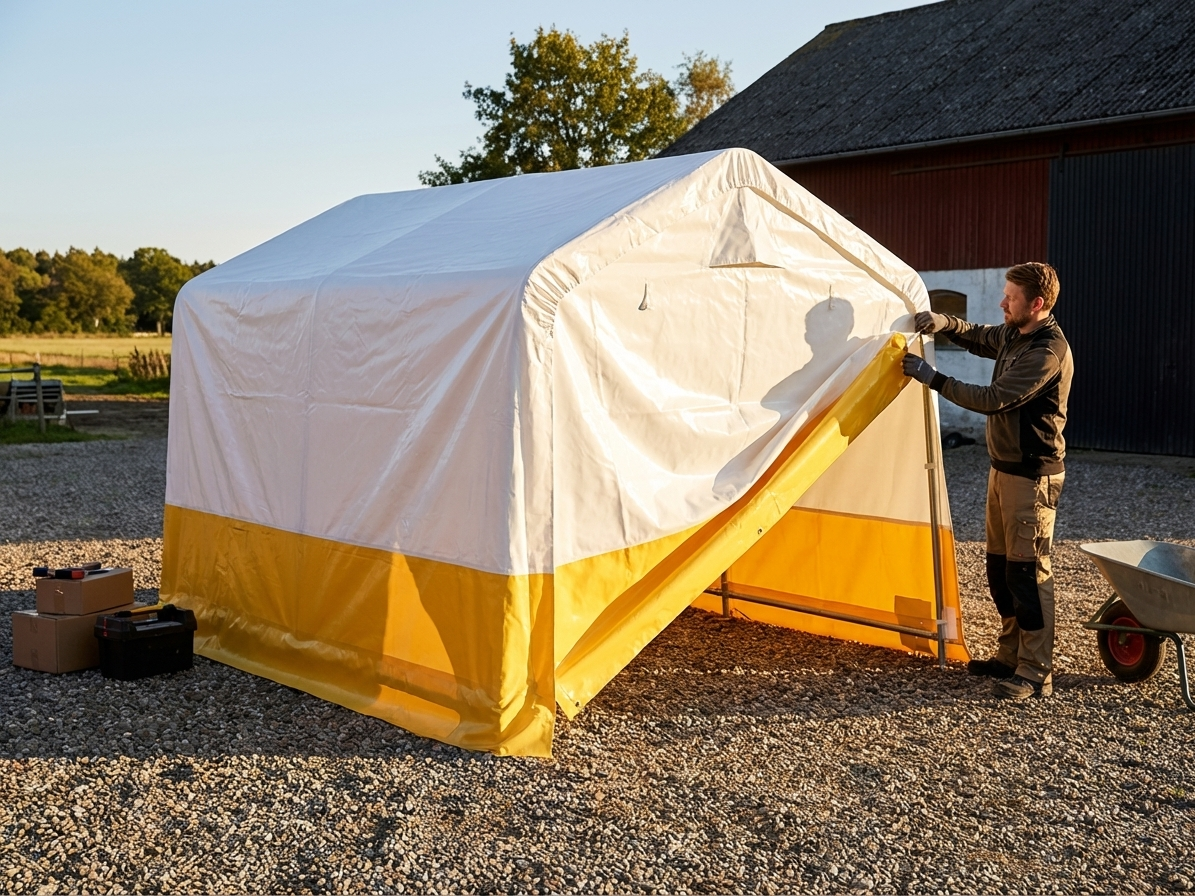 Roof cover for storage tent in white and yellow, strong PVC material - view 3