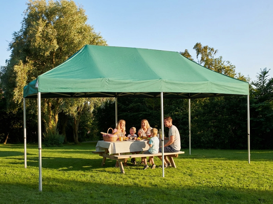 Green pop-up gazebo with steel frame for outdoor events