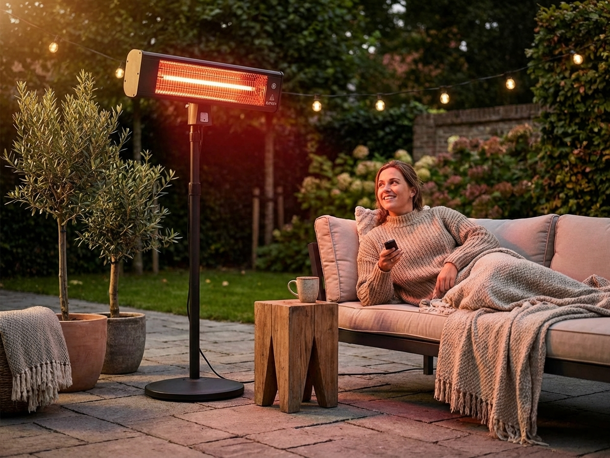 Black patio heater standing outdoors, offering warmth and style