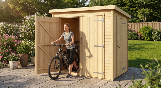 Wooden bike shed with natural Nordic Spruce finish