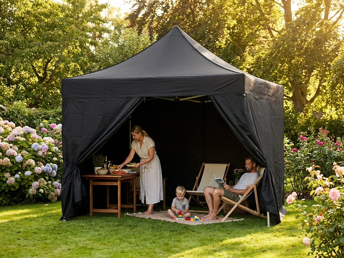 Black pop up gazebo with aluminium frame for outdoor events