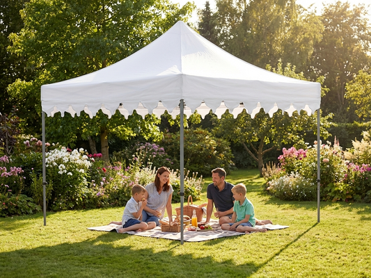 White pop up gazebo with steel frame in a garden setting - product detail