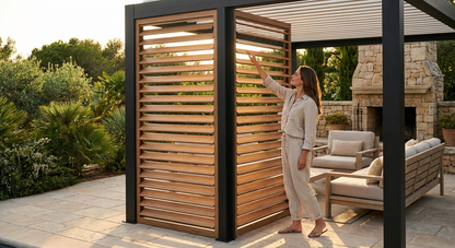 Louvre wall with wood finish and black aluminium frame for garden gazebo - view 3