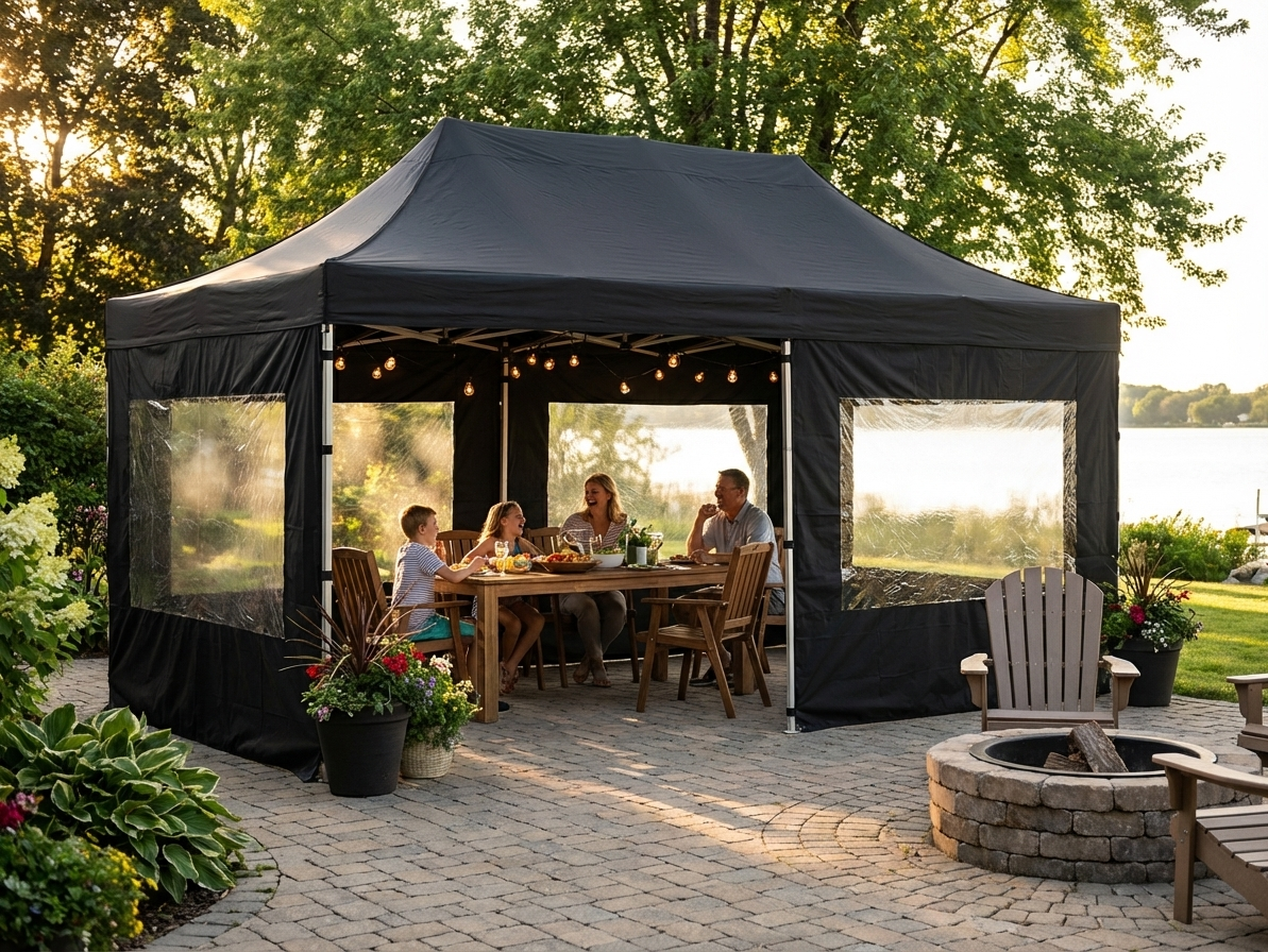 Black pop-up gazebo with aluminium frame, perfect for outdoor events