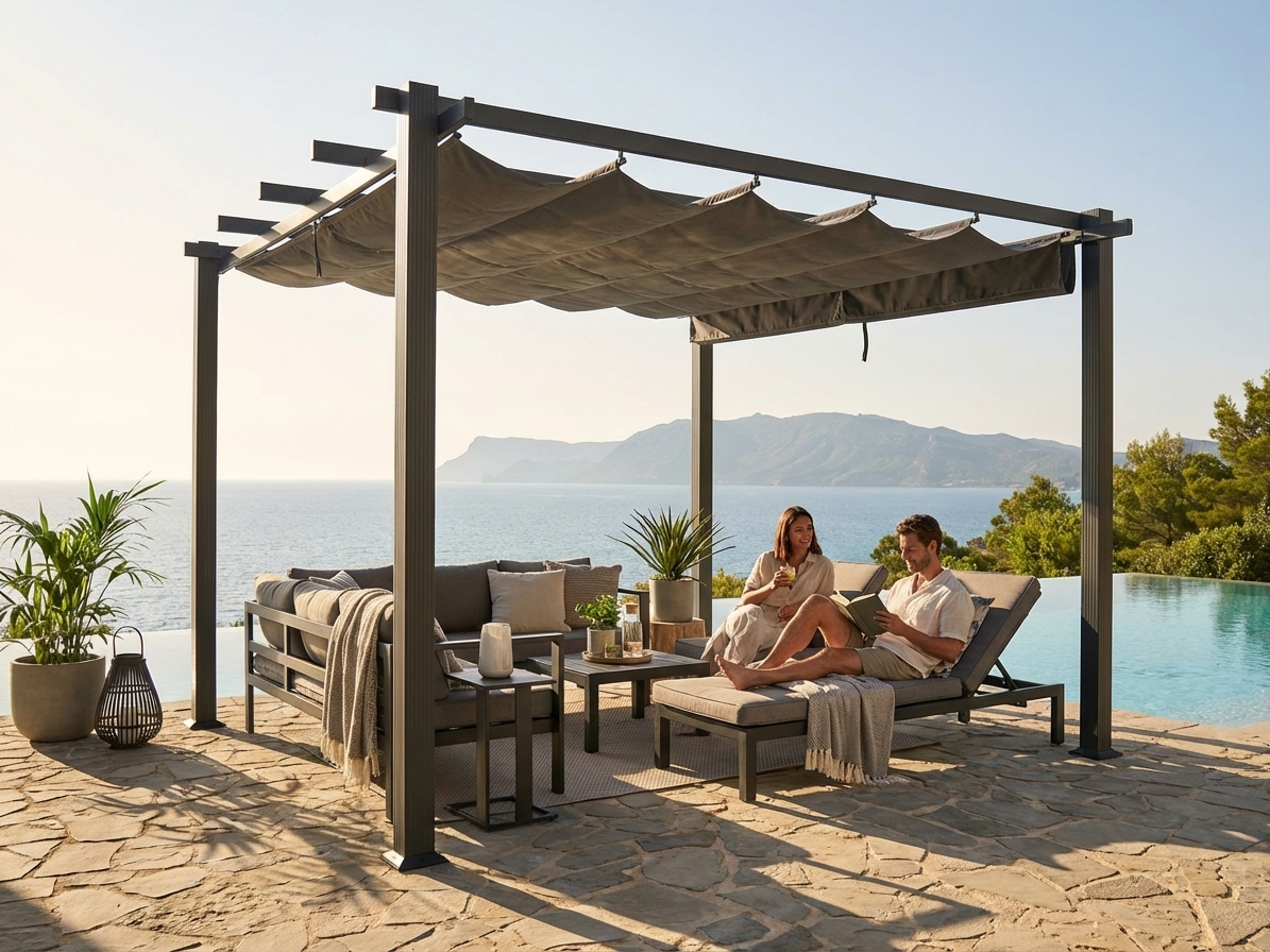 Dark grey pergola gazebo in a garden setting - view 3