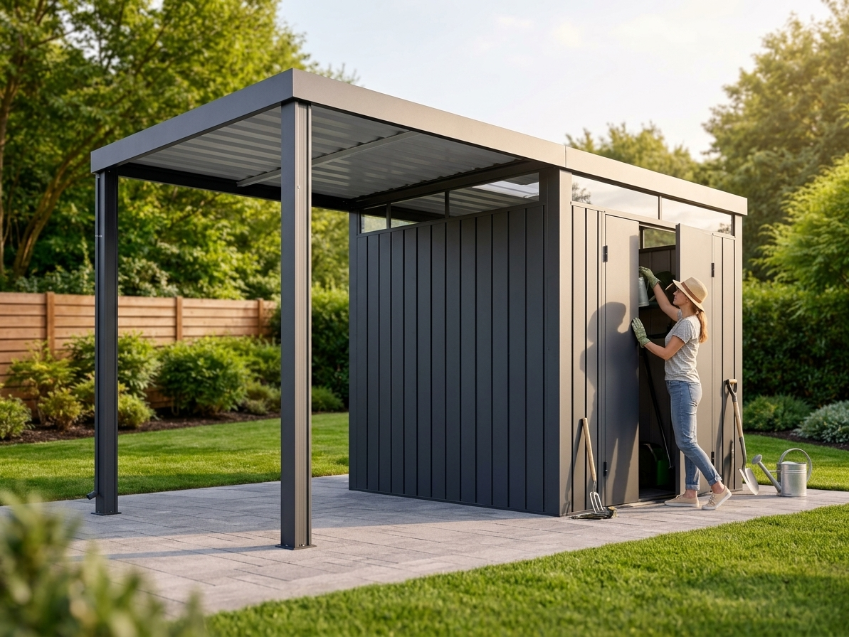 Anthracite garden shed extension with skylight in galvanised steel - product detail