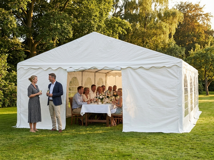 White PVC marquee 4x10 m with galvanised steel frame for events