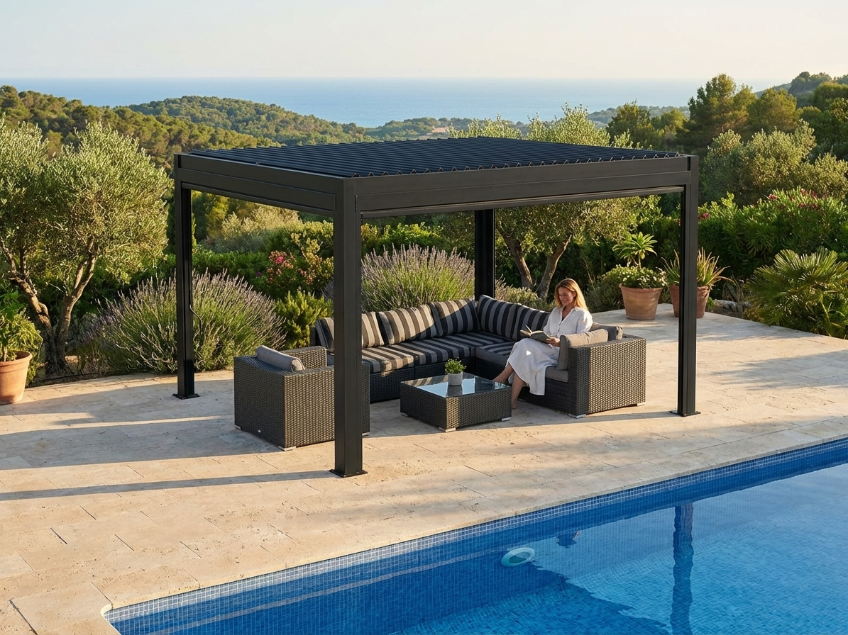 Bioclimatic Pergola Gazebo in black, 3x4 m, aluminium frame for outdoor use - product detail