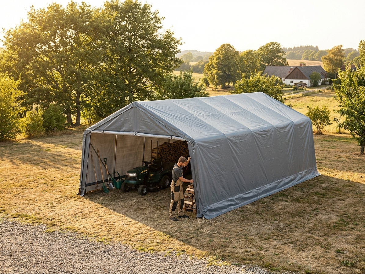 Grey storage shelter roof cover made from PE tarpaulin, 7x7 m