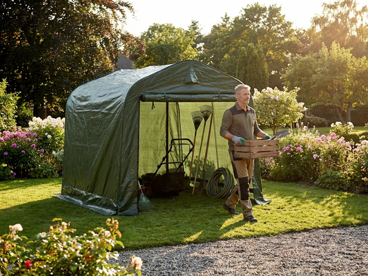 Green storage tent with polyethylene tarpaulin and steel frame for outdoor use