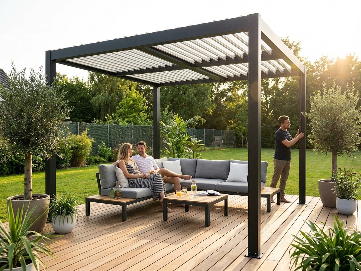 Bioclimatic pergola gazebo in black and white for outdoor use - product detail