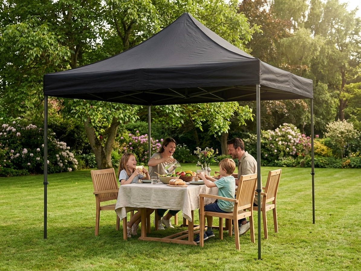 Black pop-up gazebo with steel frame for outdoor events