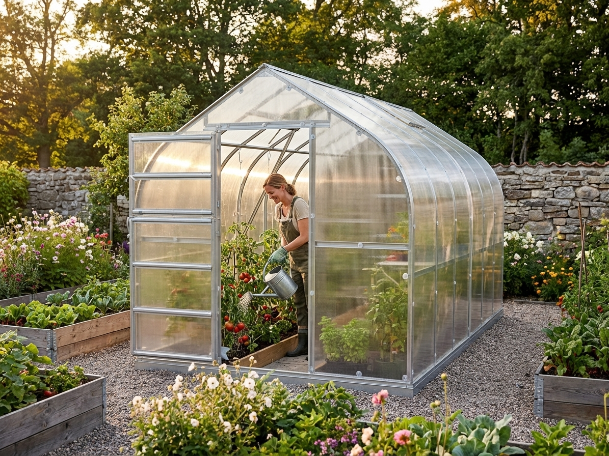 Polycarbonate greenhouse with galvanised steel frame in silver