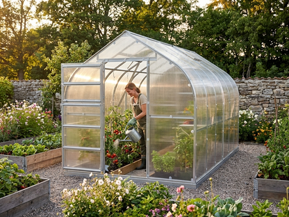 Polycarbonate greenhouse with galvanised steel frame in silver