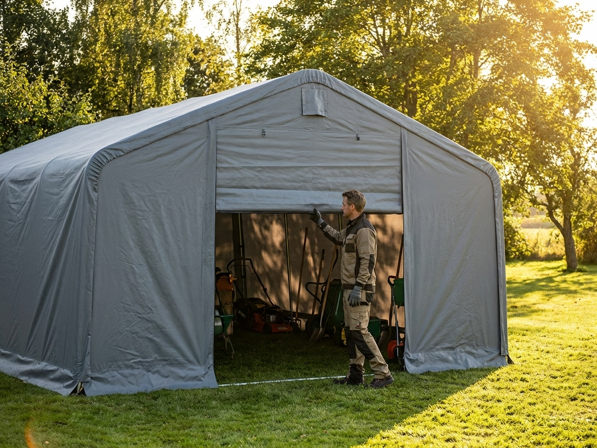 Grey storage shelter door made from polyethylene tarpaulin