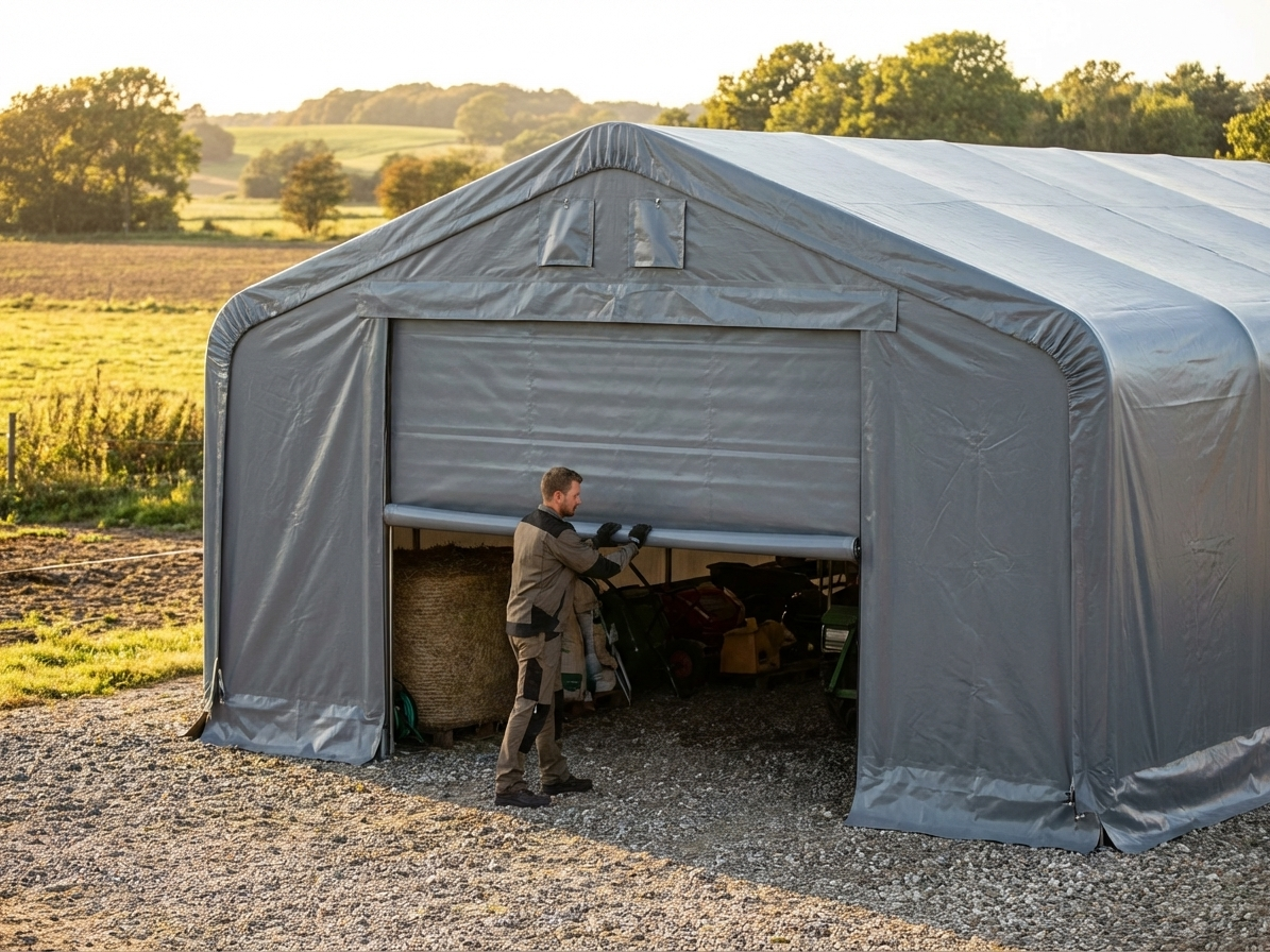Grey storage shelter end wall 6x6 m made from PE tarpaulin - product detail