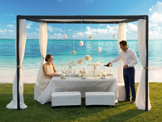 Pergola gazebo with beige PVC roof and aluminium frame