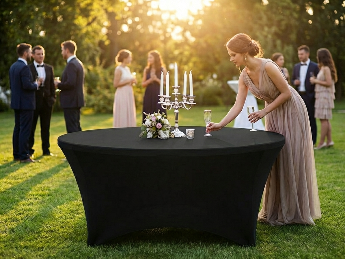 Black stretch table cover fitting a round table, ideal for events