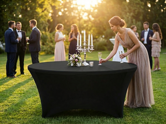 Black stretch table cover fitting a round table, ideal for events