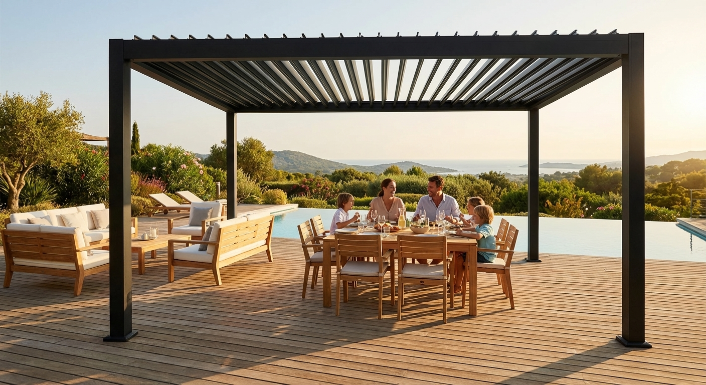 Black bioclimatic pergola gazebo in aluminium, ideal for outdoor spaces