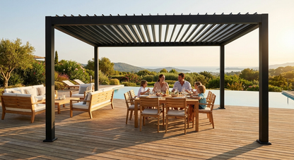Black bioclimatic pergola gazebo in aluminium, ideal for outdoor spaces