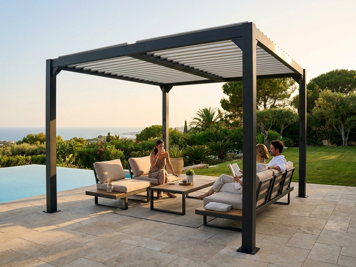 Bioclimatic pergola gazebo in black, 4x4m, aluminium for outdoor use - view 3