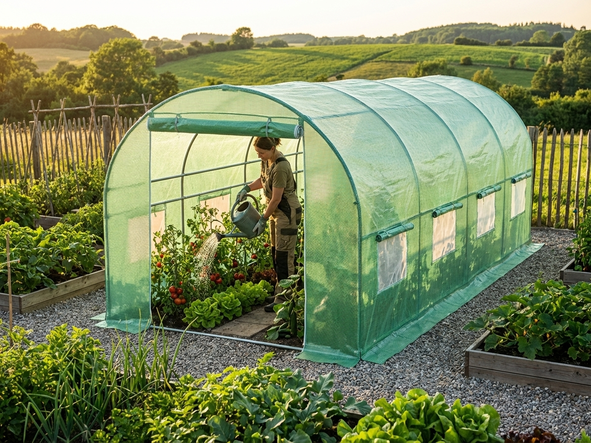 Green polytunnel greenhouse cover for outdoor gardening