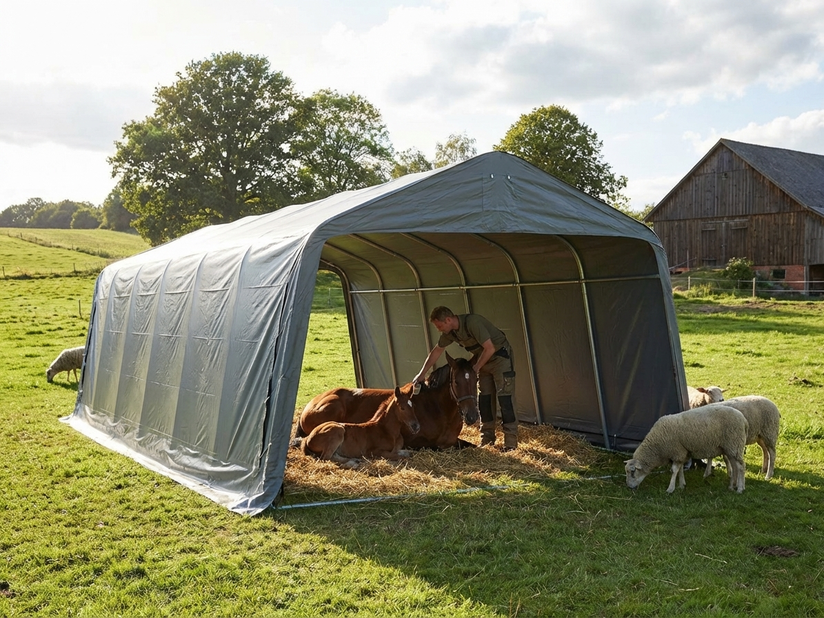 Grey livestock shelter made from PVC and steel