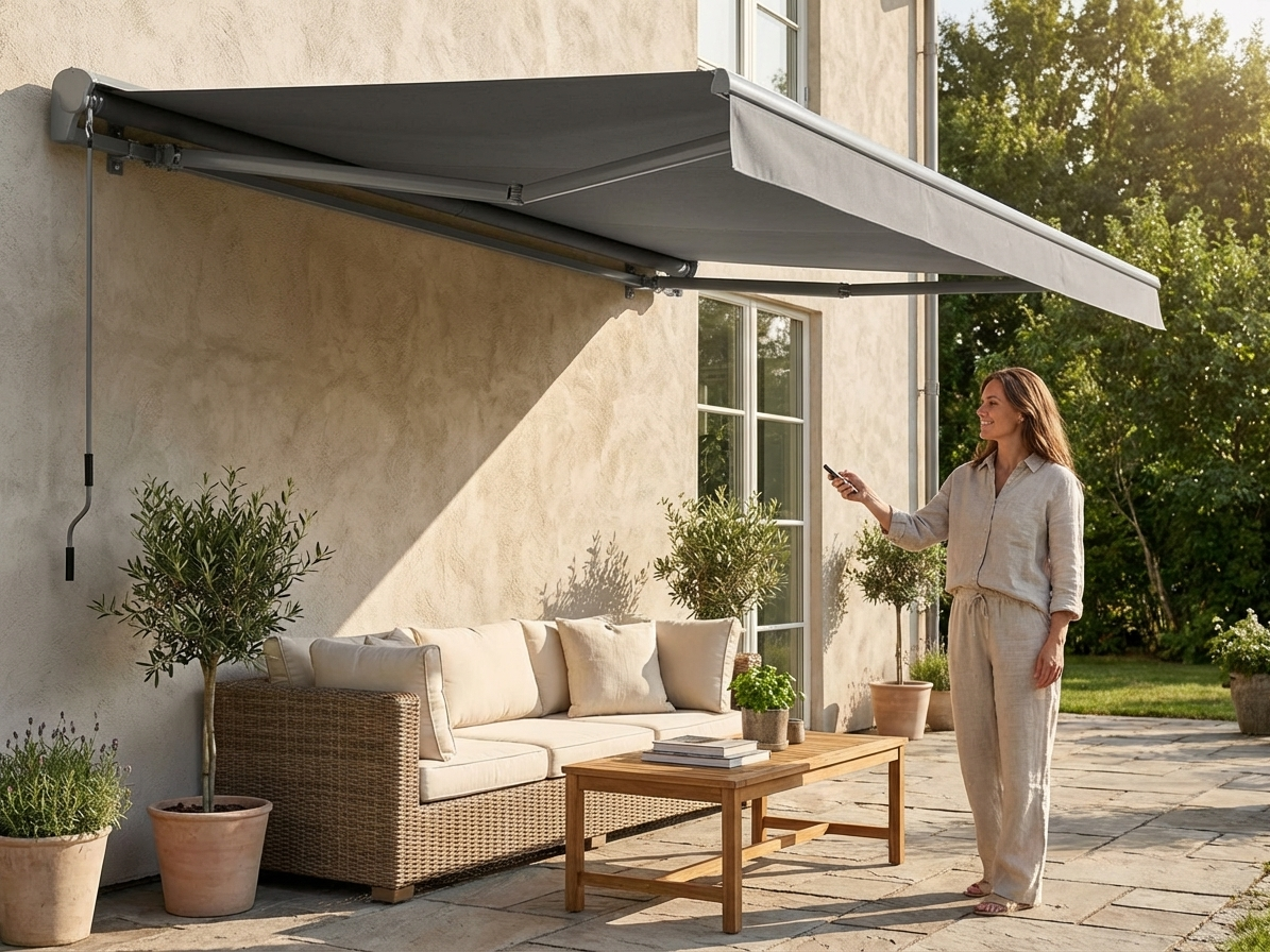 Grey awning with remote control for outdoor use