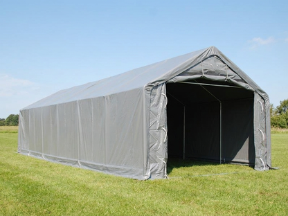 Grey storage shelter made of PVC and steel, ideal for industrial storage