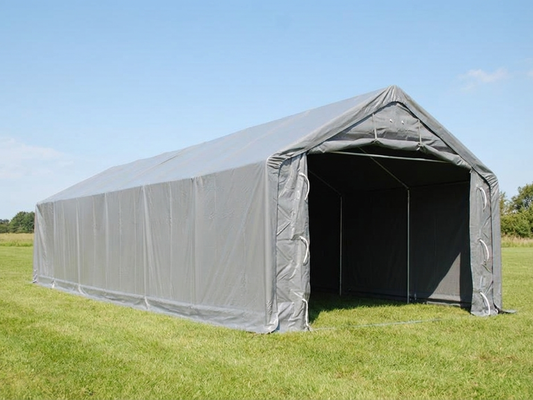 Grey storage shelter made of PVC and steel, ideal for industrial storage