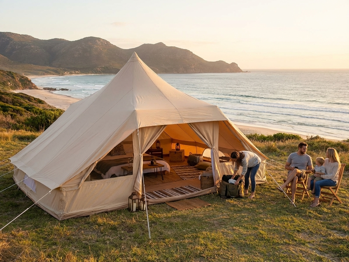 Glamping tent in sand colour, 4x5m, made from cotton canvas for outdoor camping - view 3