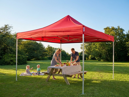 Pop up gazebo with red canopy and steel frame for outdoor events - product detail