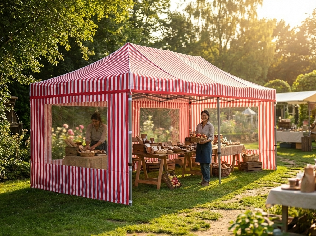 Pop up gazebo in red and white with steel frame for outdoor events