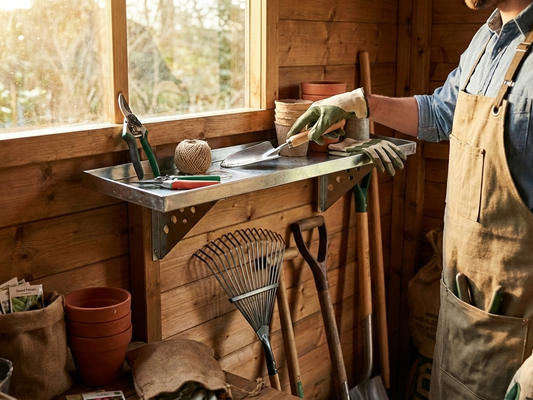 Steel tool rack for garden shed in silver, durable steel
