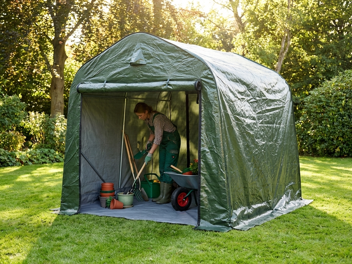 Storage tent with green and grey polyethylene cover and steel frame - product detail