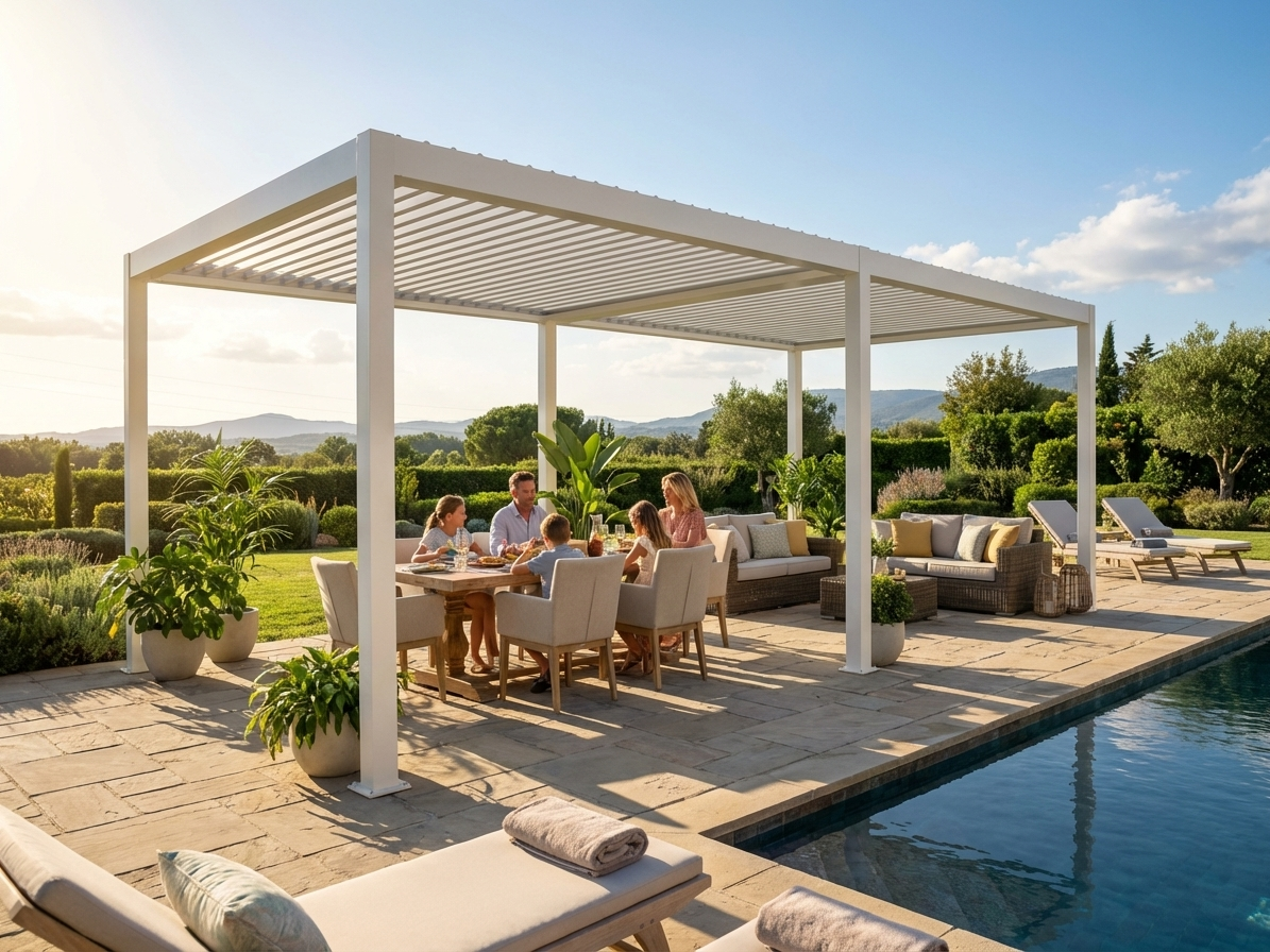 Bioclimatic pergola gazebo 3x5.8m white aluminium outdoor - view 3