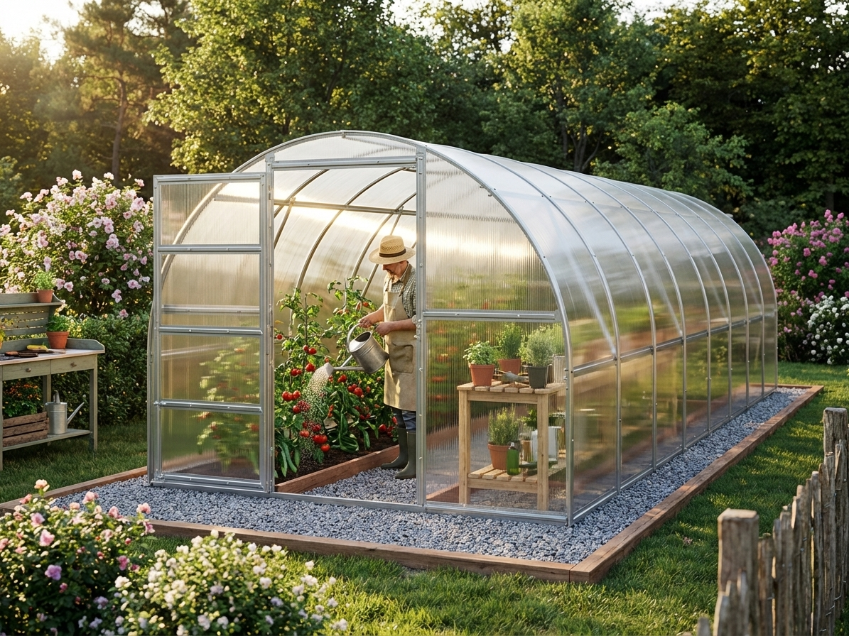 Polycarbonate greenhouse with galvanised steel frame in silver - product detail